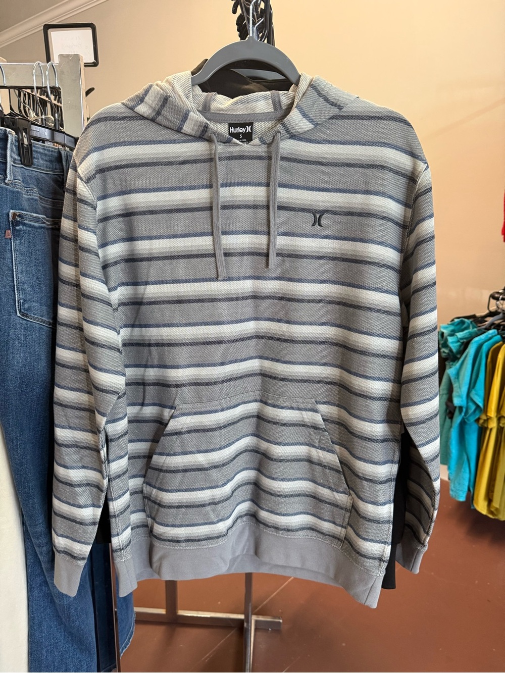 Hurley Men's Blue and Gray Striped Hooded Pullover